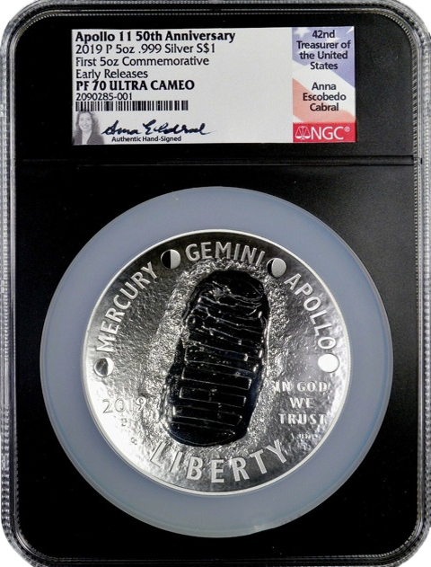 - 2019-P 5 oz Apollo 11 50th Ann Proof Silver $1 NGC PF70 ER #CH19PF70AC